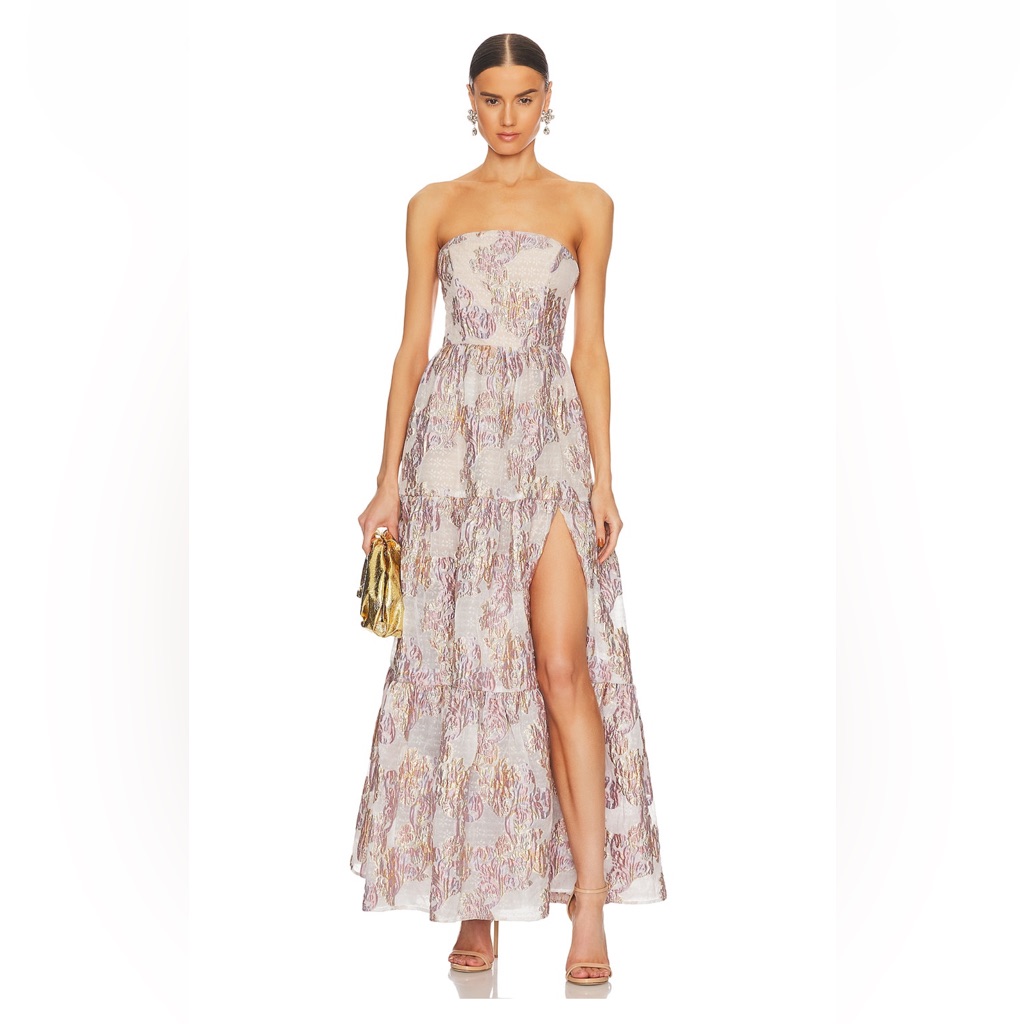 Elliatt Strapless Metallic Floral Maxi Dress In Blush And Gold
